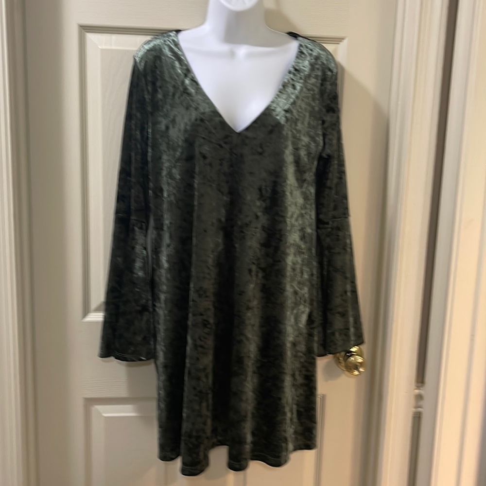 A.n.a crushed velvet olive green colored shift dress. Size M